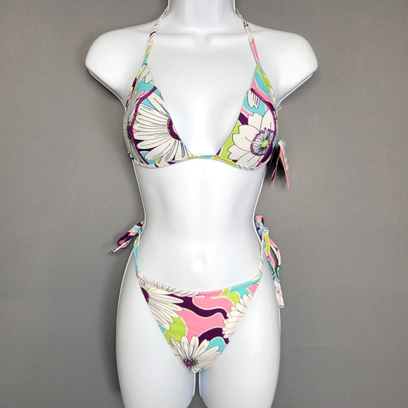 Cia Maritima Bikini Womens Large Floral Neoprene Swimwear Tie Side Semi Cheeky - Picture 1 of 14